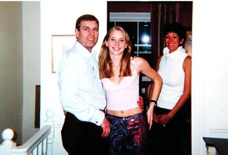 Photo of Prince Andrew, Virginia Roberts, and Ghislaine Maxwell at Maxwell's townhouse.