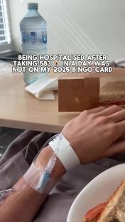 Hospitalized patient's arm with IV drip and text overlay.