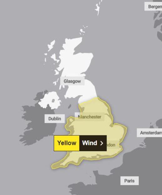 Map of the UK highlighting areas affected by 70mph winds.