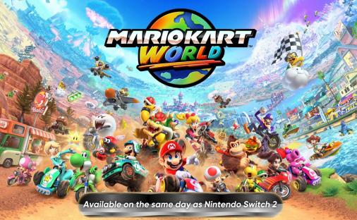 Mario Kart World promotional image showing various characters racing.