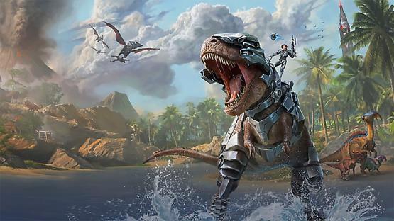 Illustration of a person riding a robotic T-Rex through water, with other dinosaurs and flying reptiles in the background.