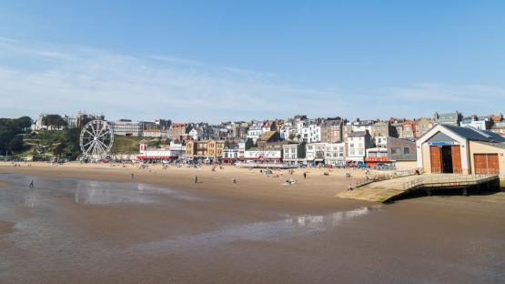 South Bay of Scarborough pictured at low tide during September 2020 in North East England.