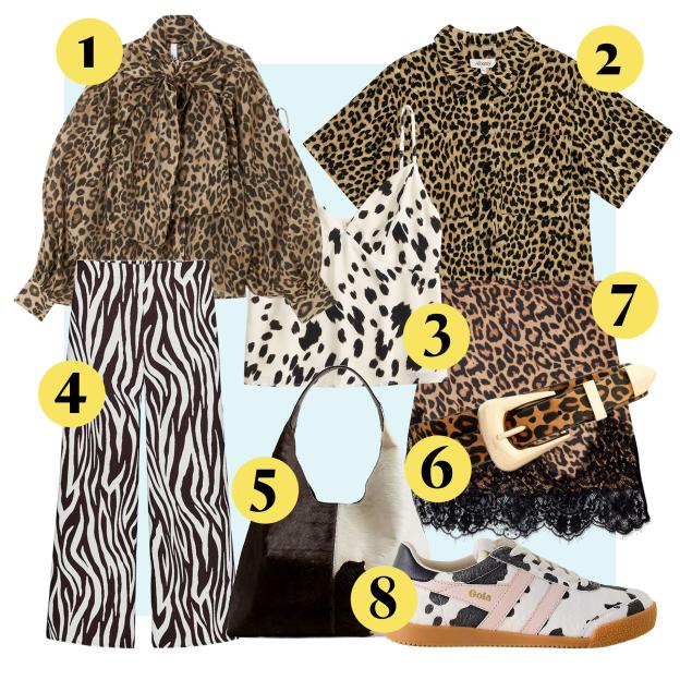 Collage of animal print clothing and accessories.
