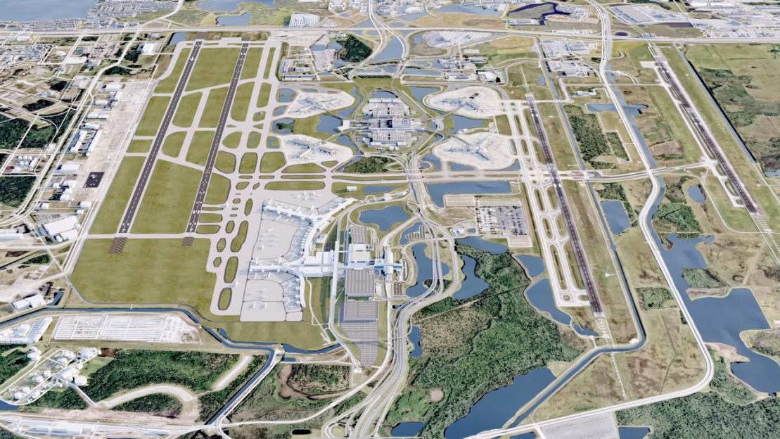 Illustration of a large airport with multiple runways, terminals, and surrounding waterways.