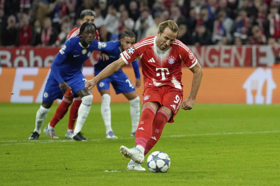 Harry Kane scores the opening goal for Bayern Munich against Chelsea.