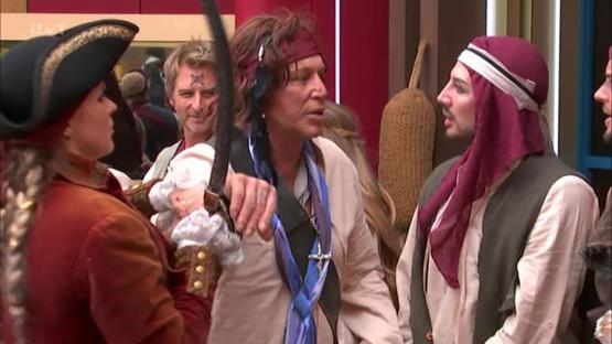 Mickey Rourke in pirate costume outside Celebrity Big Brother house.