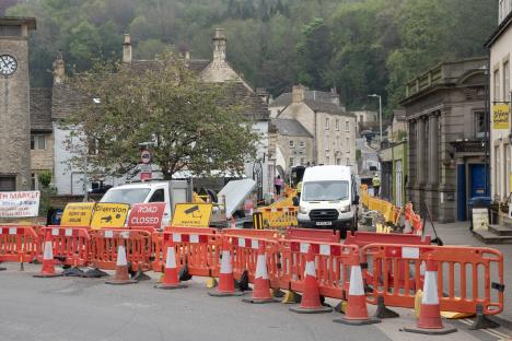 Road closed in Nailsworth, Gloucestershire due to damaged gas main.