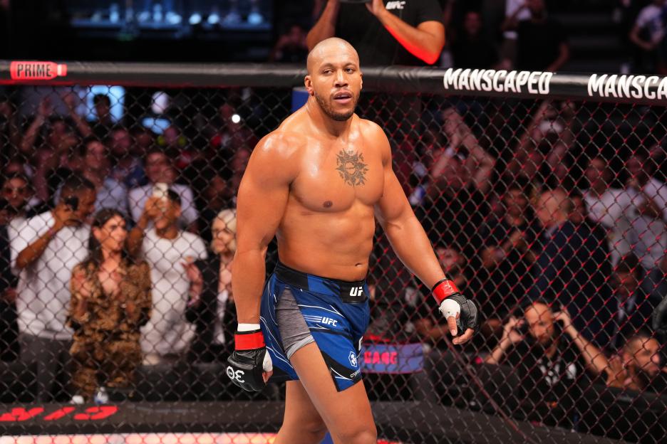 Ciryl Gane reacts after defeating Serghei Spivac at UFC Fight Night in Paris.