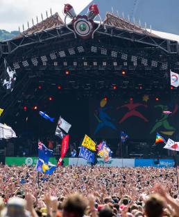 This is a stock image of band on the Pyramid stage at Glastonbury Festival, portrait. See PA Feature HEALTH Festival Hearing. WARNING: This picture must only be used to accompany PA Feature HEALTH Festival Hearing. PA Photo. Picture credit should read: Alamy/PA. NOTE TO EDITORS: This picture must only be used to accompany PA Feature HEALTH Festival Hearing .
