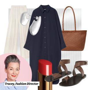 Collage of Tracey, Fashion Director's outfit: pants, shirt, earrings, bag, lipstick, and sandals.