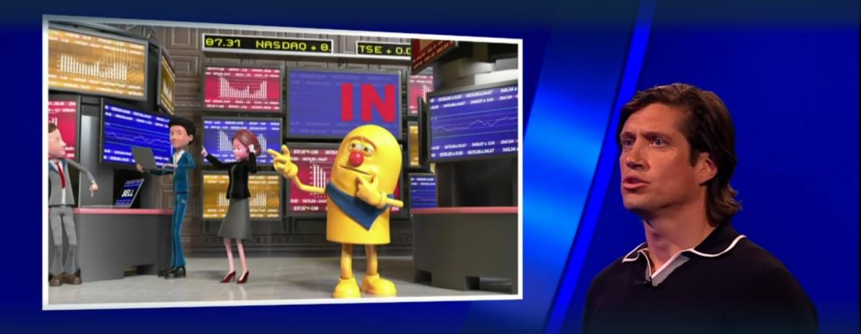 Illustration of a game show segment featuring animated characters in a stock market setting.