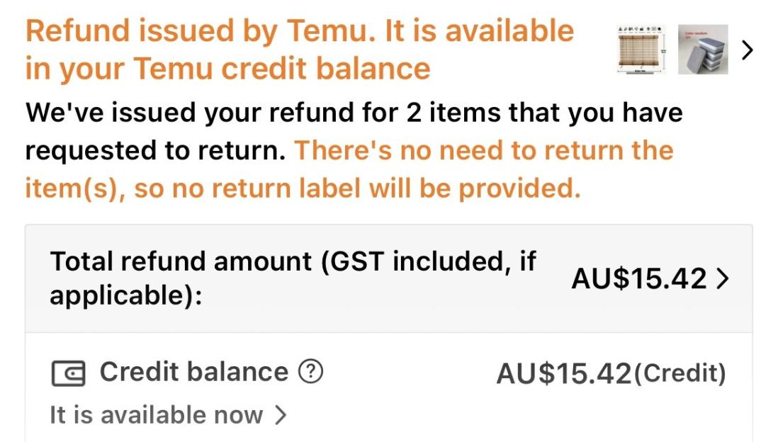 Screenshot of a Temu refund notification for AU$15.42.