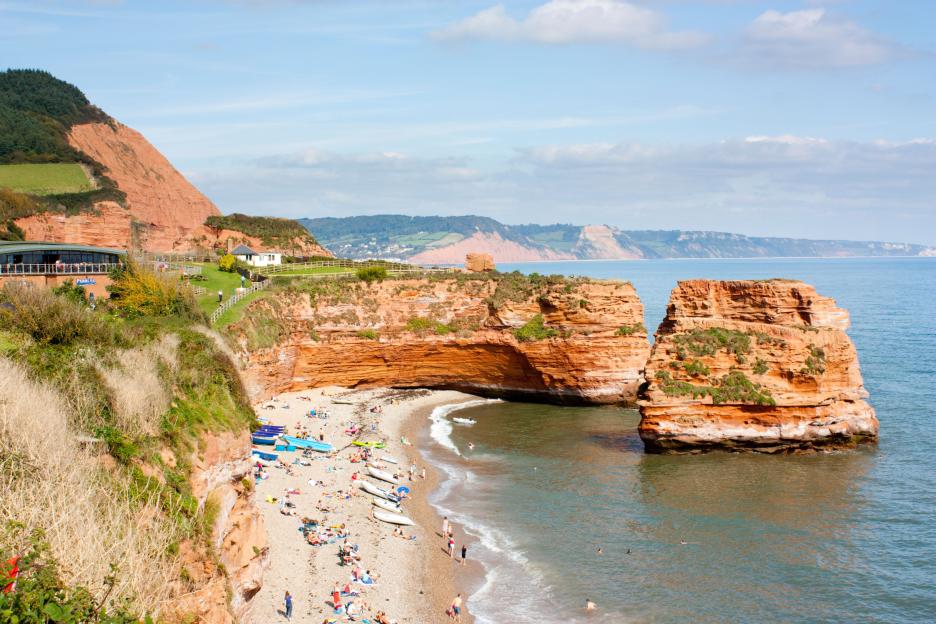 Aerial view of Ladram Bay beach in Devon, England.