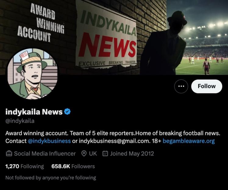 Indykaila News Twitter profile: award-winning account, breaking football news, 658.6K followers.