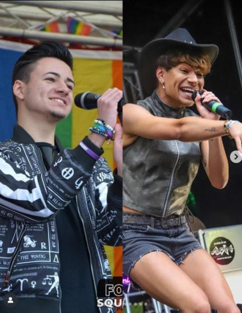 Collage of a person singing into a microphone with a rainbow flag backdrop, and the same person in drag wearing a cowboy hat, vest, and denim shorts, singing into a microphone.