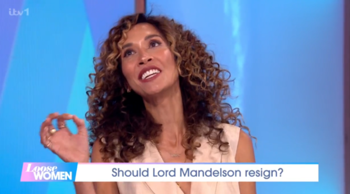Screenshot of a woman on Loose Women discussing Lord Mandelson's resignation.