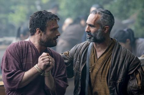 Cosmo Jarvis as John Blackthorne and Nestor Carbonell as Rodrigues in Shogun.