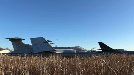Abandoned fighter jets in a field.