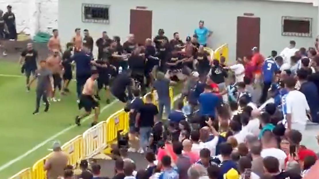 A large group of people fighting near a soccer field.