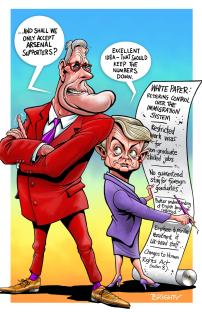 Illustration of two caricatures discussing immigration policy.