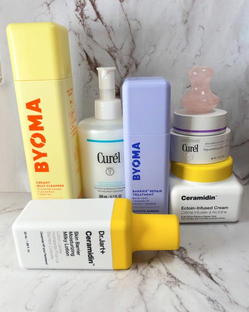 A collection of skincare products from brands Byoma, Curél, and Ceramidin.