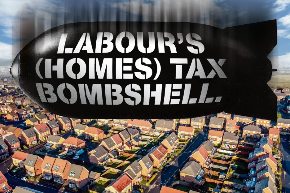 Illustration of a blimp labeled "Labour's (Homes) Tax Bombshell" over a neighborhood.