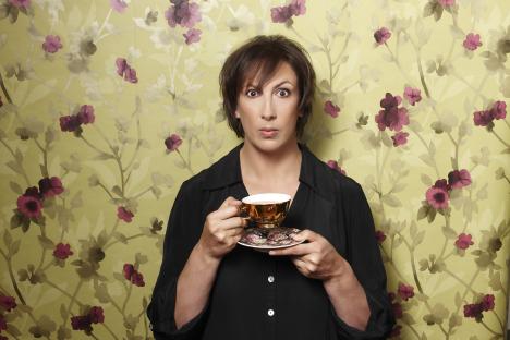 Miranda Hart holding a teacup.