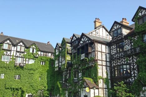 Ivy-covered buildings in Thames Town, China, styled after an English town.