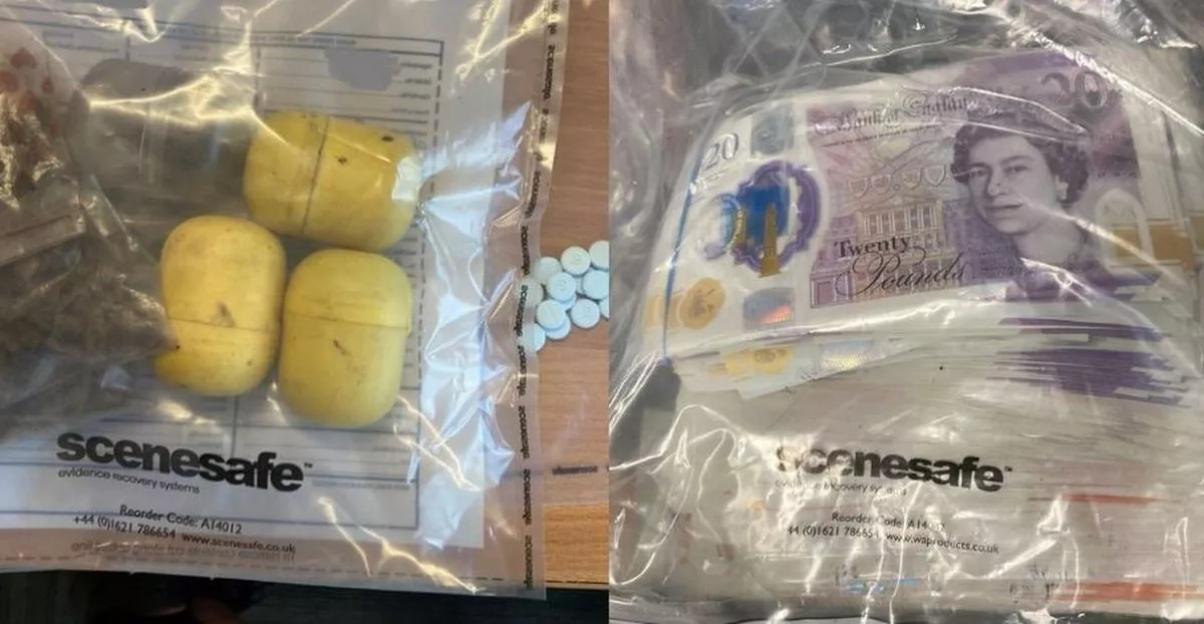 Collage of drugs found at a property, including pills, what appears to be cannabis, and British banknotes.