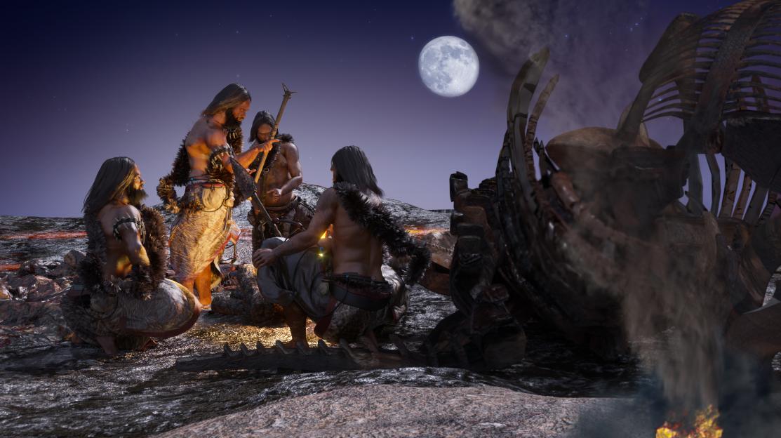 Illustration of cavemen gathered around a campfire under a full moon.