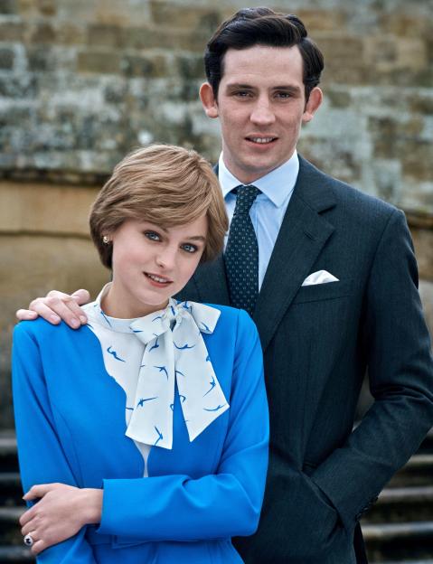 Actors Josh O'Connor and Emma Corrin dressed as Prince Charles and Princess Diana in the television series "The Crown".