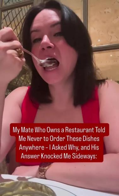 Woman eating and explaining dishes to avoid ordering at restaurants.