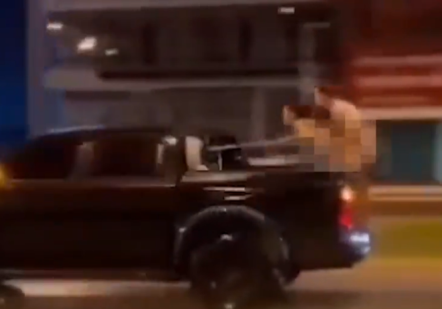 A pixelated figure riding on the back of a moving pickup truck.