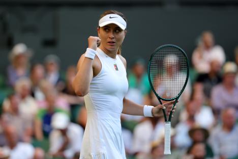 Paula Badosa of Spain celebrates a point at Wimbledon.