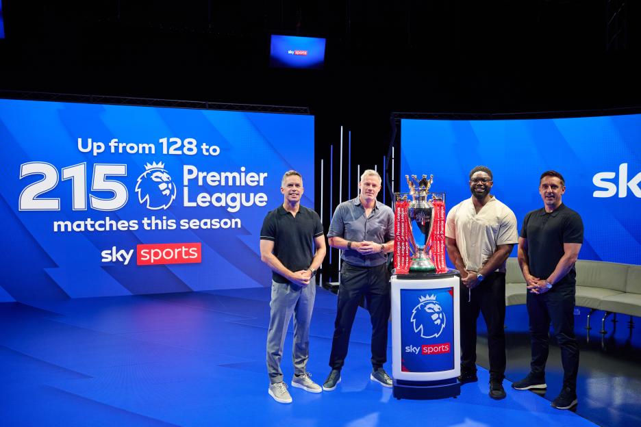 Four Sky Sports presenters with the Premier League trophy. 215 Premier League matches this season.