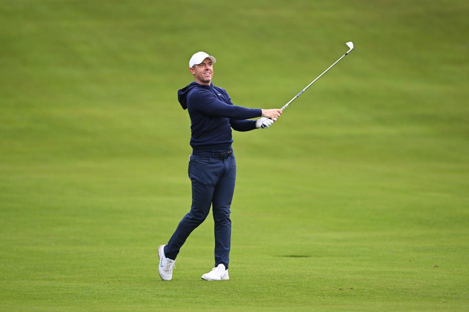 Rory McIlroy of Northern Ireland reacting after playing a shot at the BMW PGA Championship 2025.