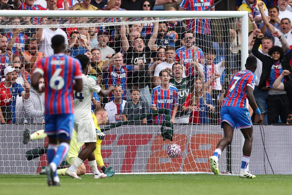A goal is scored during a soccer match; the goalie dives but misses the ball.