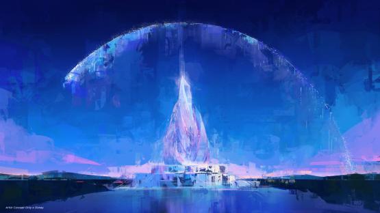 Illustration of a futuristic tower under a dome at sunset.