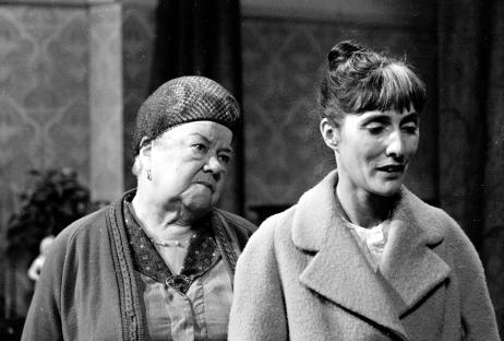Black and white photo of Violet Carson and June Brown in Coronation Street.