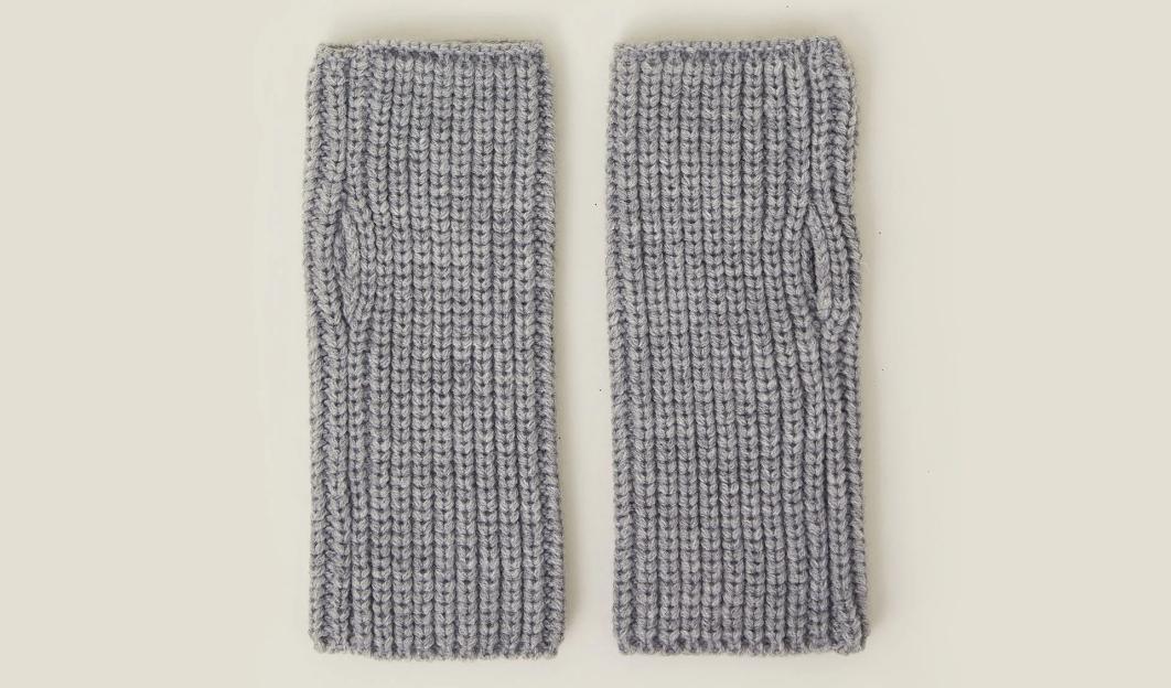 Pair of gray ribbed cut-off gloves.
