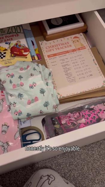 Drawer filled with children's gifts for Christmas.