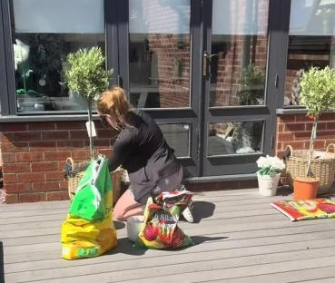 Person planting a Mediterranean plant on a deck.