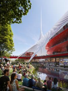 Illustration of Manchester United's new stadium development, showing a canal, people relaxing, and a large screen.