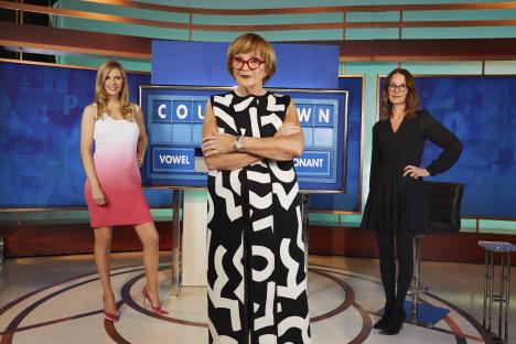 Photo of the new all-female Countdown lineup: Rachel Riley, Anne Robinson, and Susie Dent.