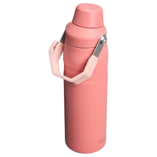 Pink insulated water bottle with carrying handle.