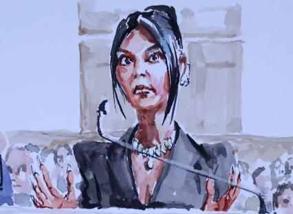 Watercolor illustration of Kim Kardashian testifying in court.