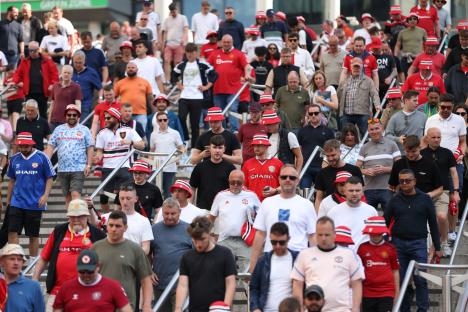Manchester United fans leaving Wembley Stadium after the FA Cup Final.