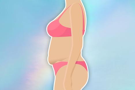 Illustration of a woman's body with apron belly in pink underwear.