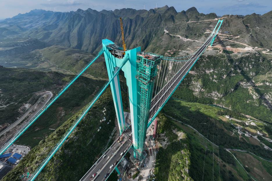 Aerial view of the Huajiang Grand Canyon Bridge under construction in China.