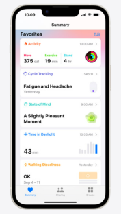 iPhone health app showing activity, cycle tracking, and state of mind data.
